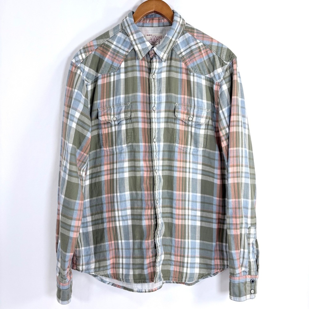 Lucky Brand Plaid Pearl Snap Western Shirt Women's L Lined Cotton Blend Warm - Picture 2 of 10